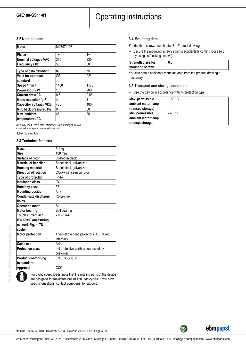 Operating instructions | ebm-papst G4E180-GS11-01 User Manual | Page 5 / 9