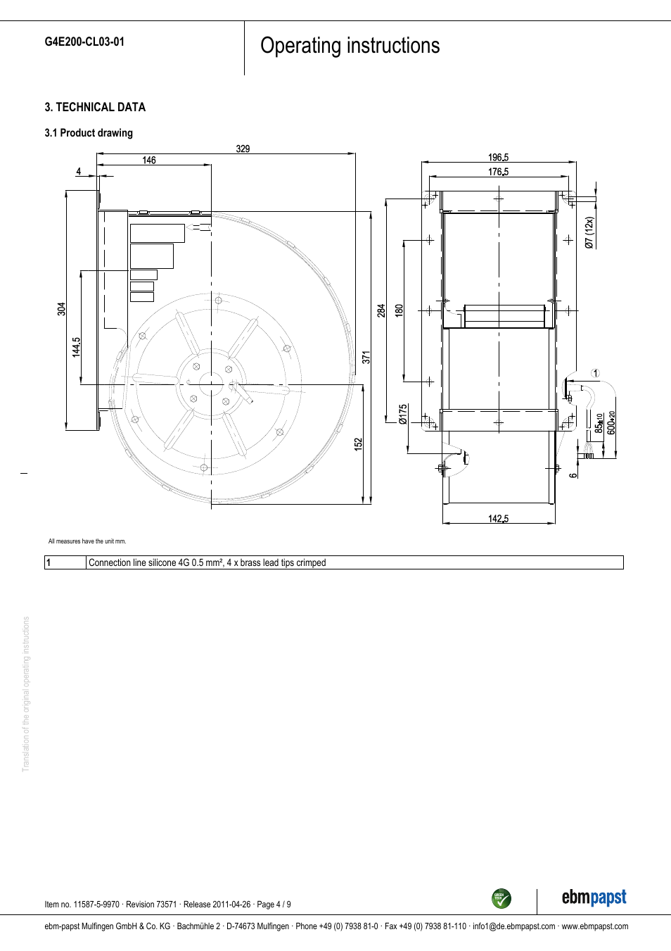 Operating instructions | ebm-papst G4E200-CL03-01 User Manual | Page 4 / 9