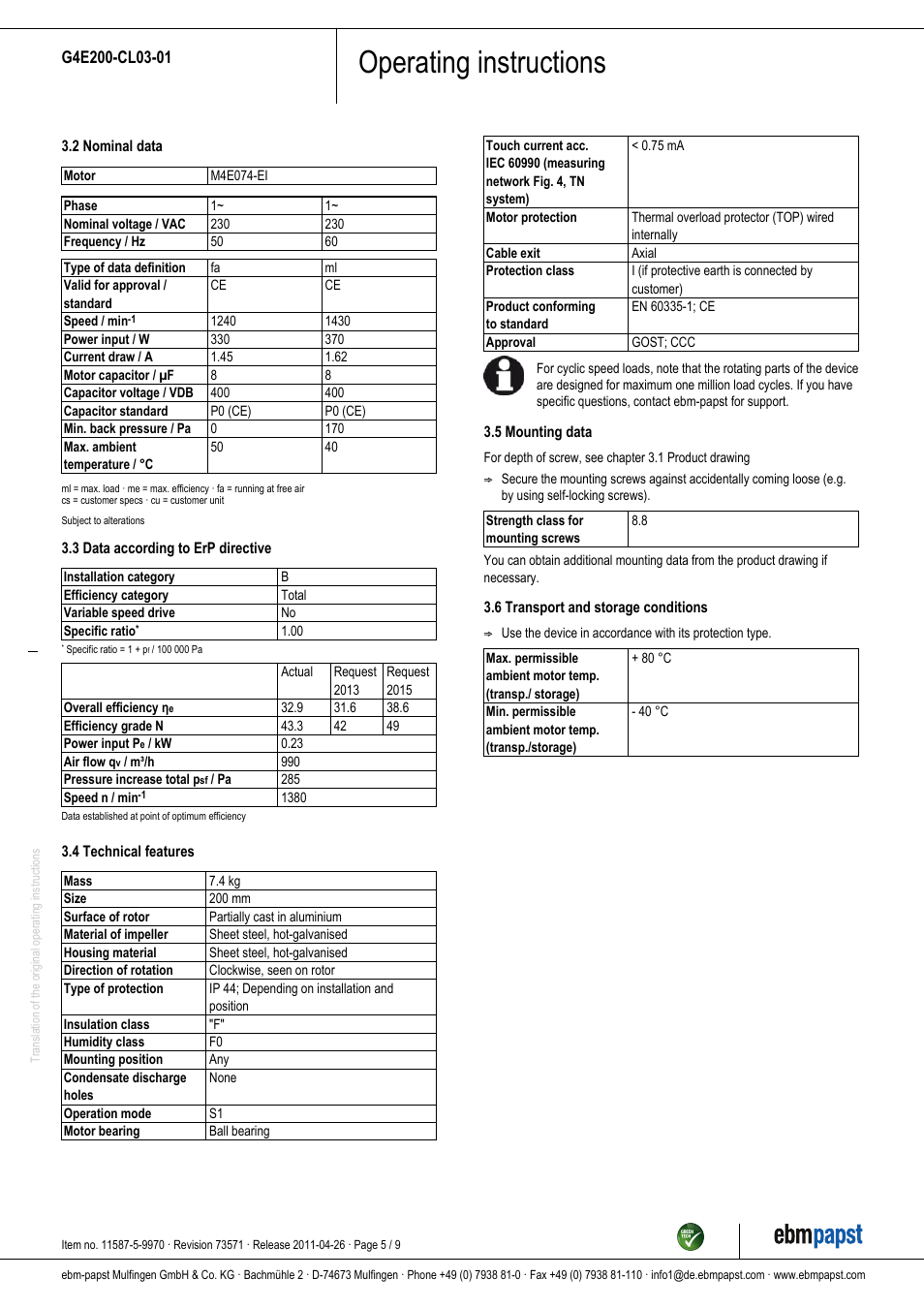 Operating instructions | ebm-papst G4E200-CL03-01 User Manual | Page 5 / 9