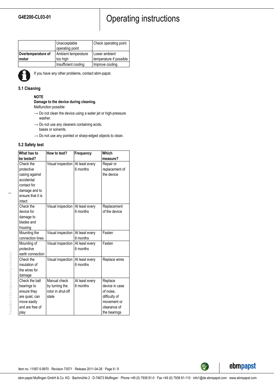 Operating instructions | ebm-papst G4E200-CL03-01 User Manual | Page 9 / 9