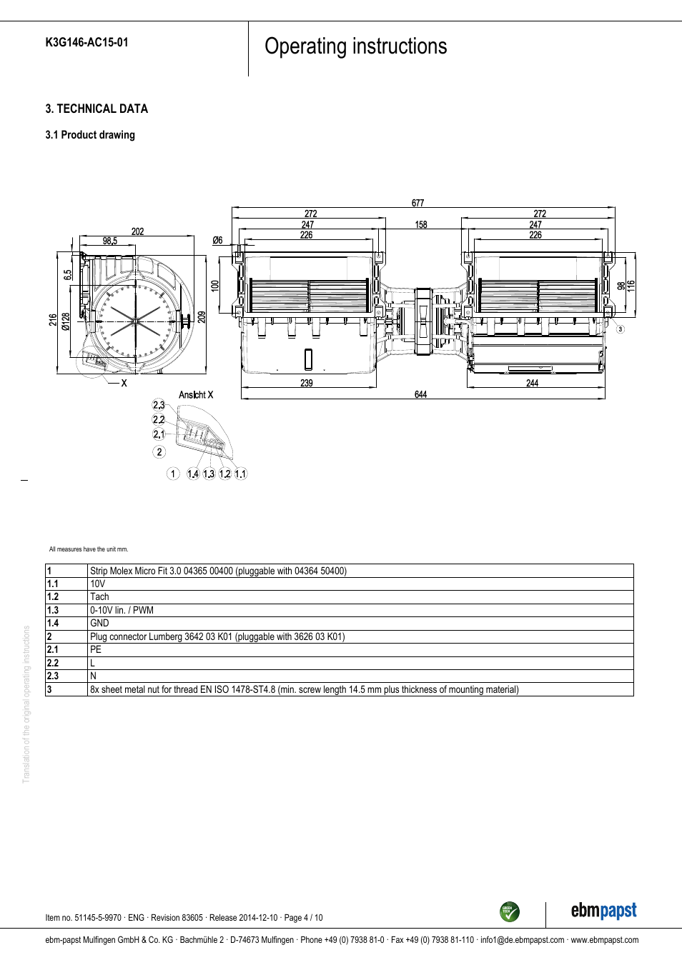 Operating instructions | ebm-papst K3G146-AC15-01 User Manual | Page 4 / 10