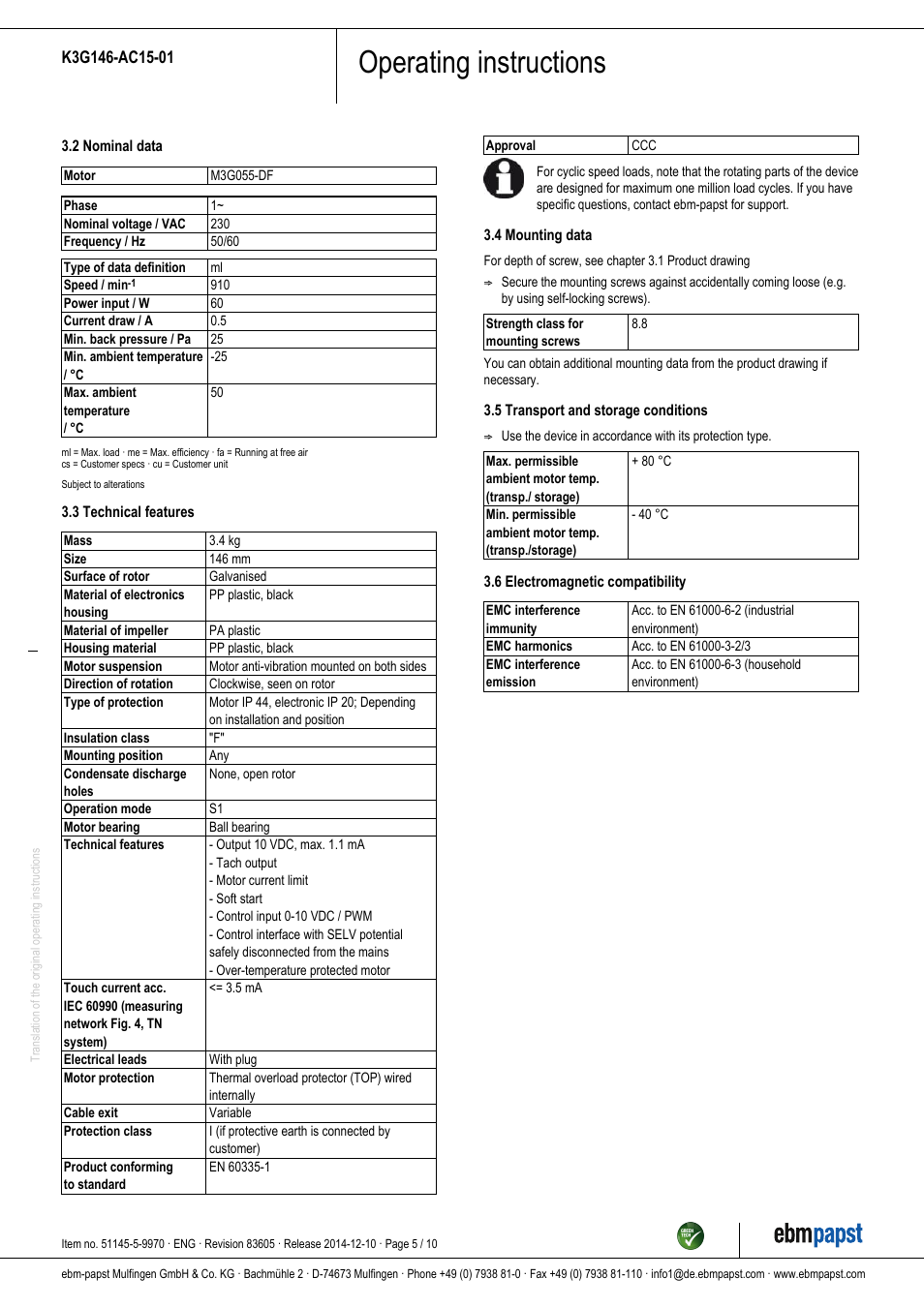 Operating instructions | ebm-papst K3G146-AC15-01 User Manual | Page 5 / 10
