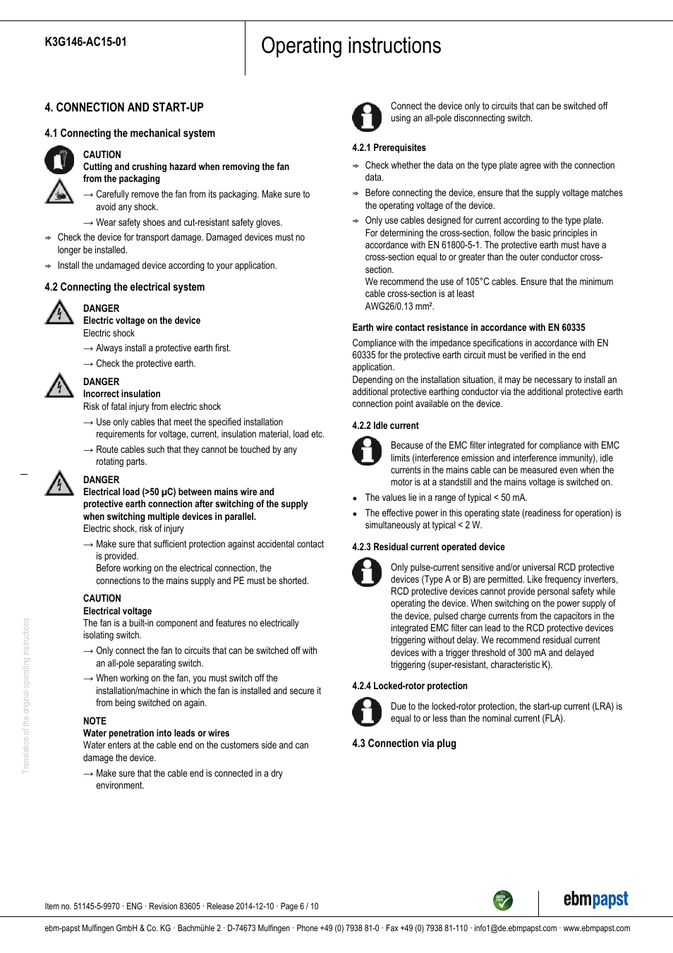 Operating instructions | ebm-papst K3G146-AC15-01 User Manual | Page 6 / 10