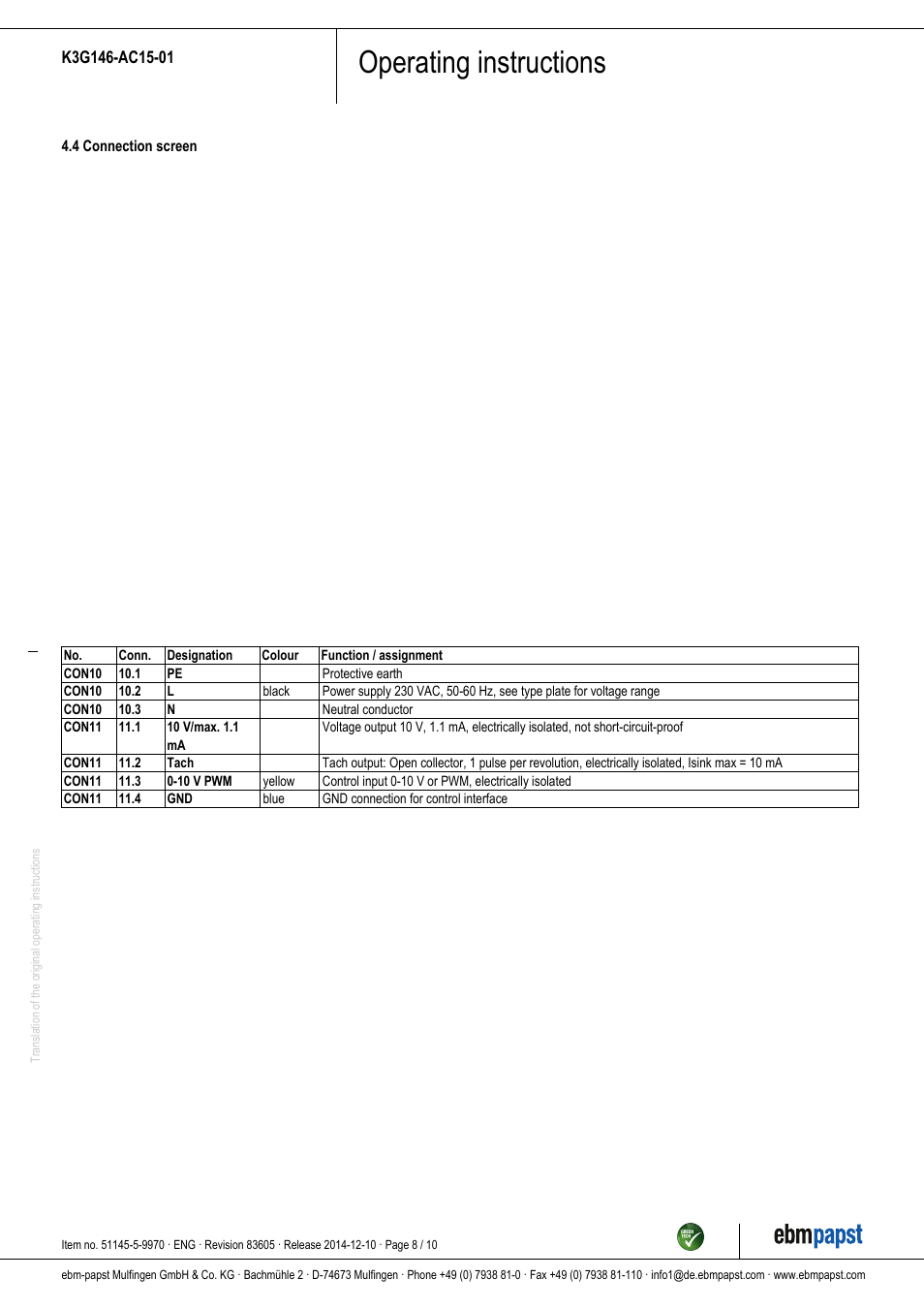 Operating instructions | ebm-papst K3G146-AC15-01 User Manual | Page 8 / 10