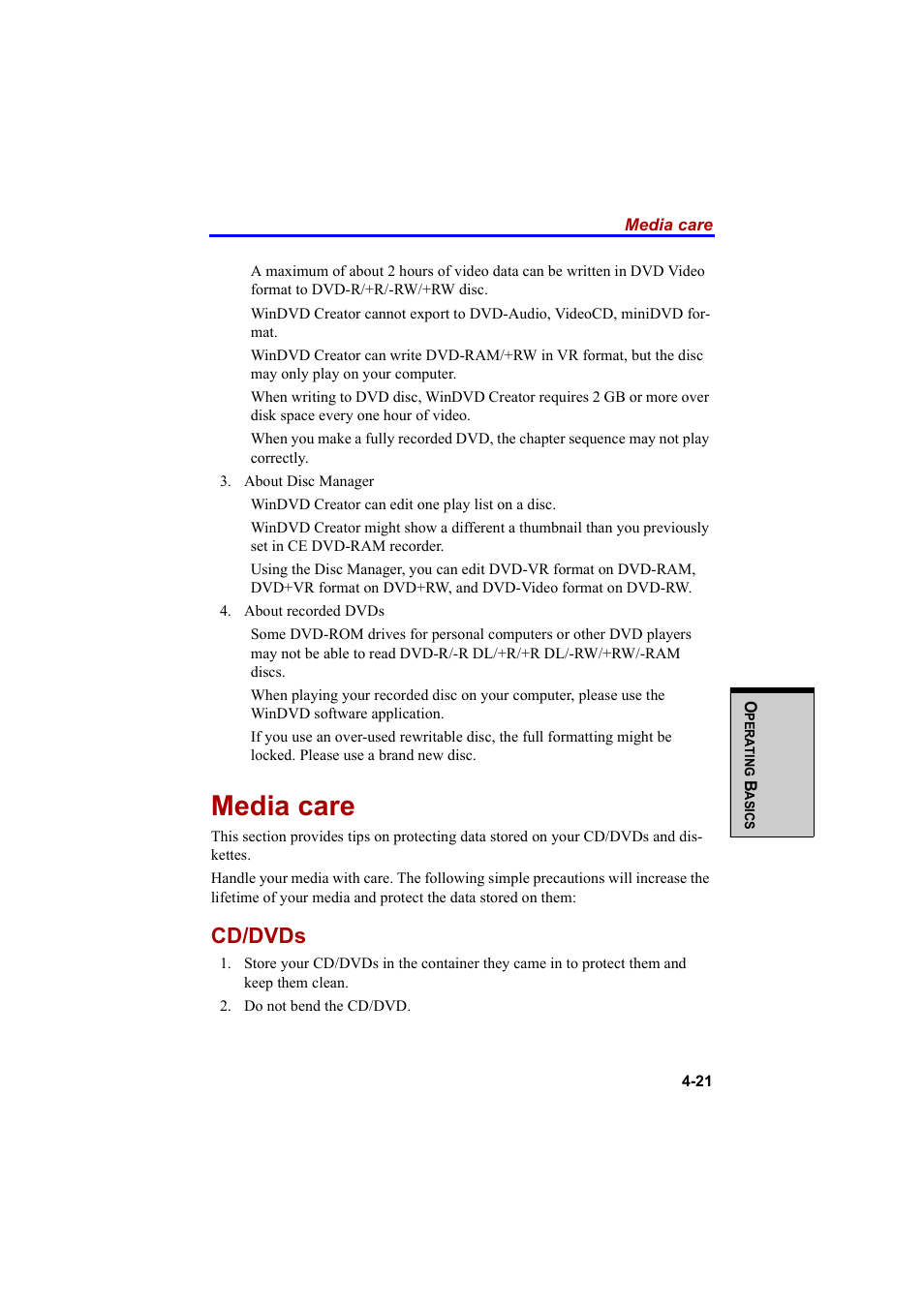 Media care, Cd/dvds | Cool-Lux A100 User Manual | Page 103 / 248
