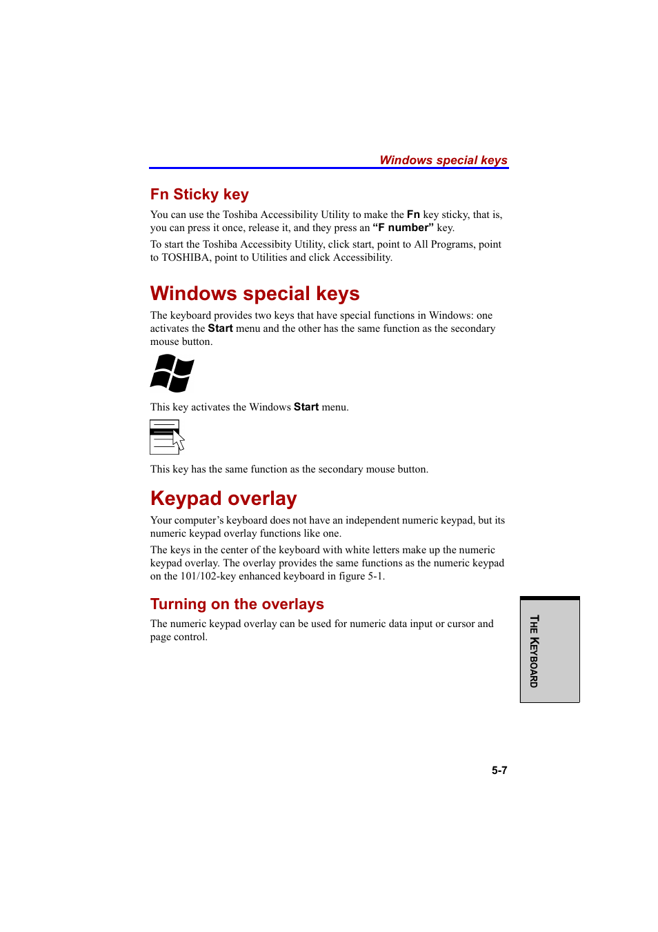 Windows special keys, Keypad overlay, Fn sticky key | Turning on the overlays | Cool-Lux A100 User Manual | Page 121 / 248