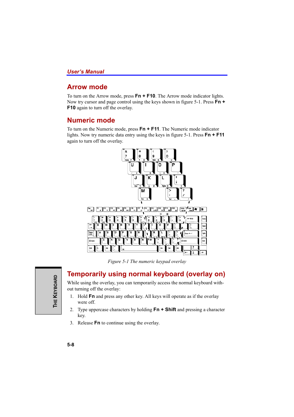 Arrow mode, Numeric mode, Temporarily using normal keyboard (overlay on) | Cool-Lux A100 User Manual | Page 122 / 248