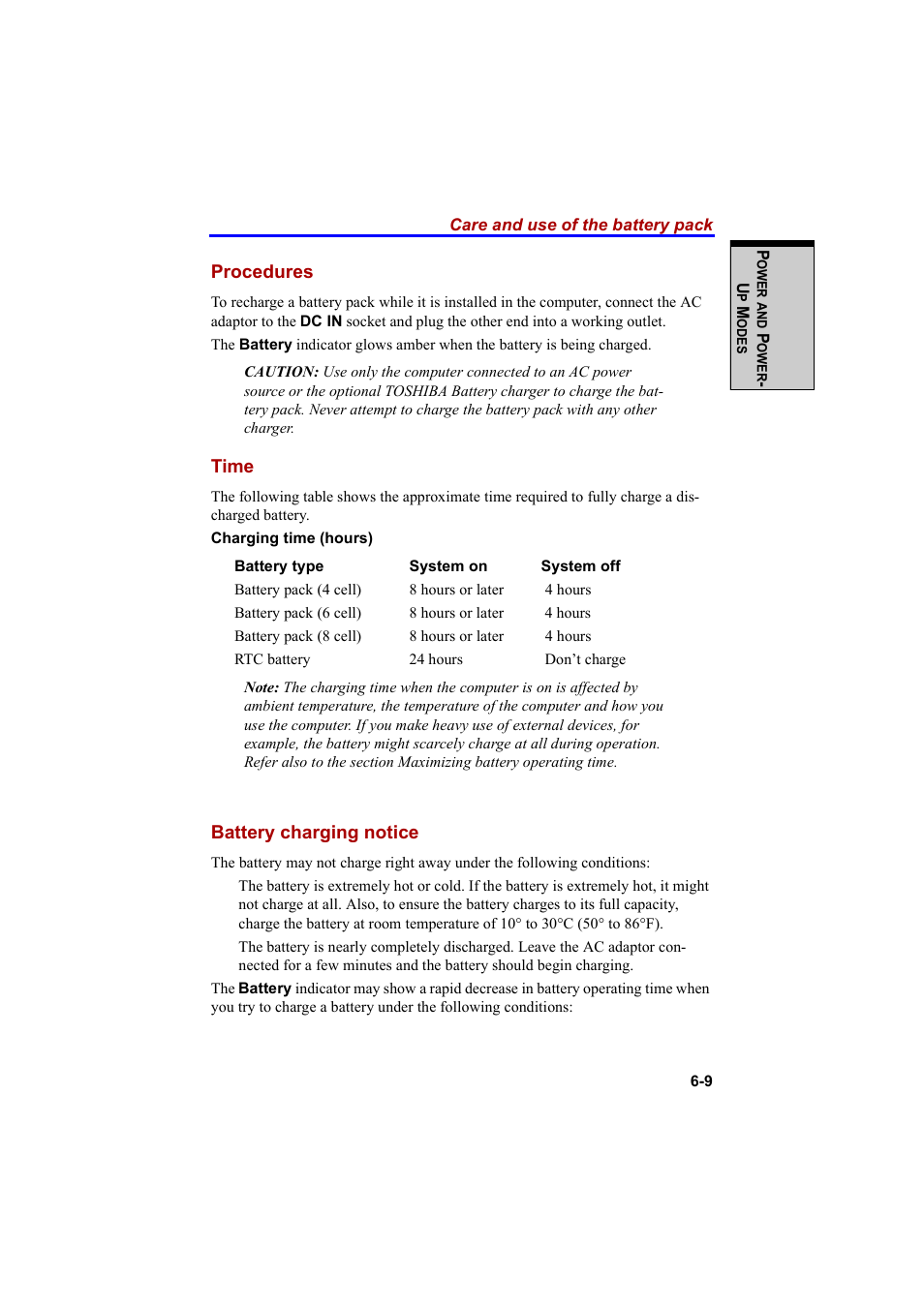 Procedures, Time, Battery charging notice | Cool-Lux A100 User Manual | Page 133 / 248