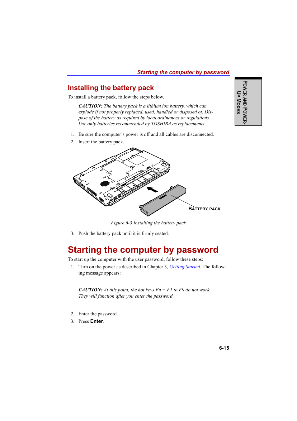 Starting the computer by password, Installing the battery pack | Cool-Lux A100 User Manual | Page 139 / 248