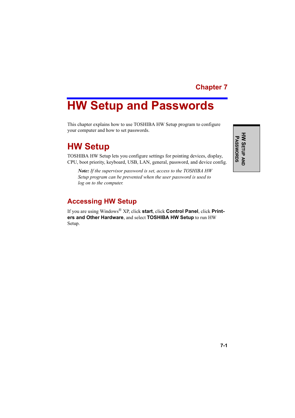 Hw setup and passwords, Hw setup, Chapter 7 | Accessing hw setup | Cool-Lux A100 User Manual | Page 141 / 248