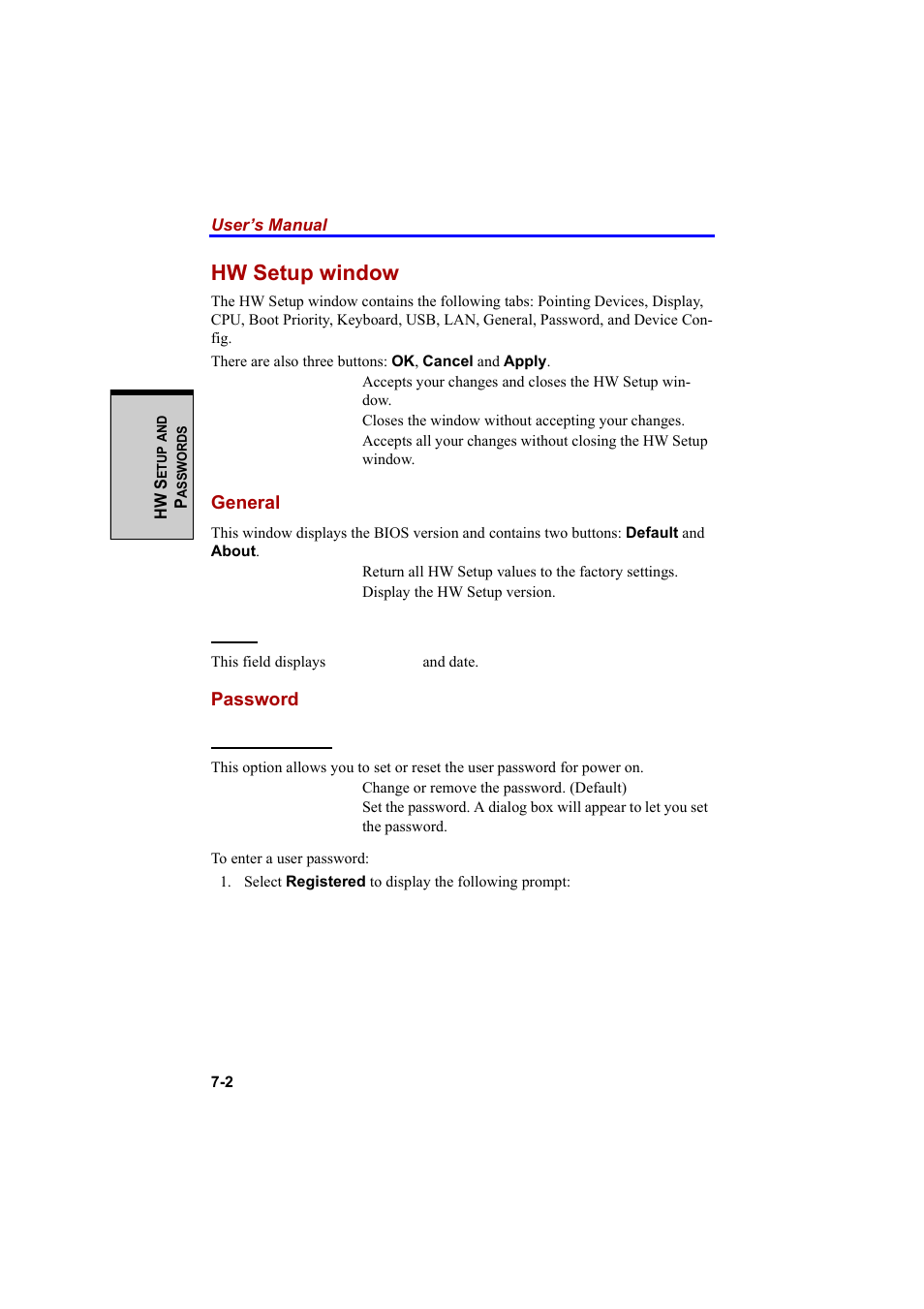 Hw setup window, General, Password | Cool-Lux A100 User Manual | Page 142 / 248