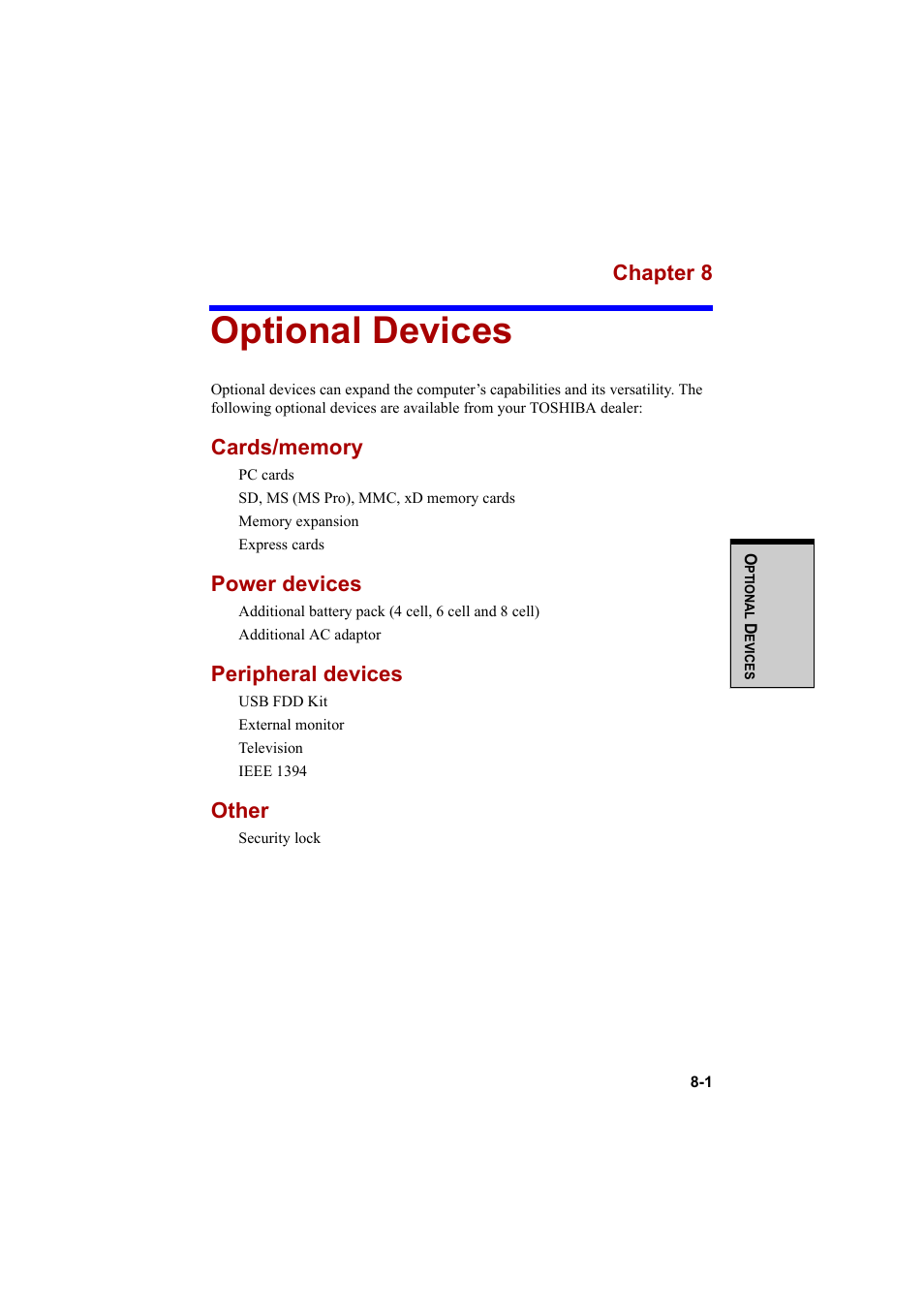 Optional devices, Chapter 8, Power devices | Peripheral devices, Other | Cool-Lux A100 User Manual | Page 149 / 248