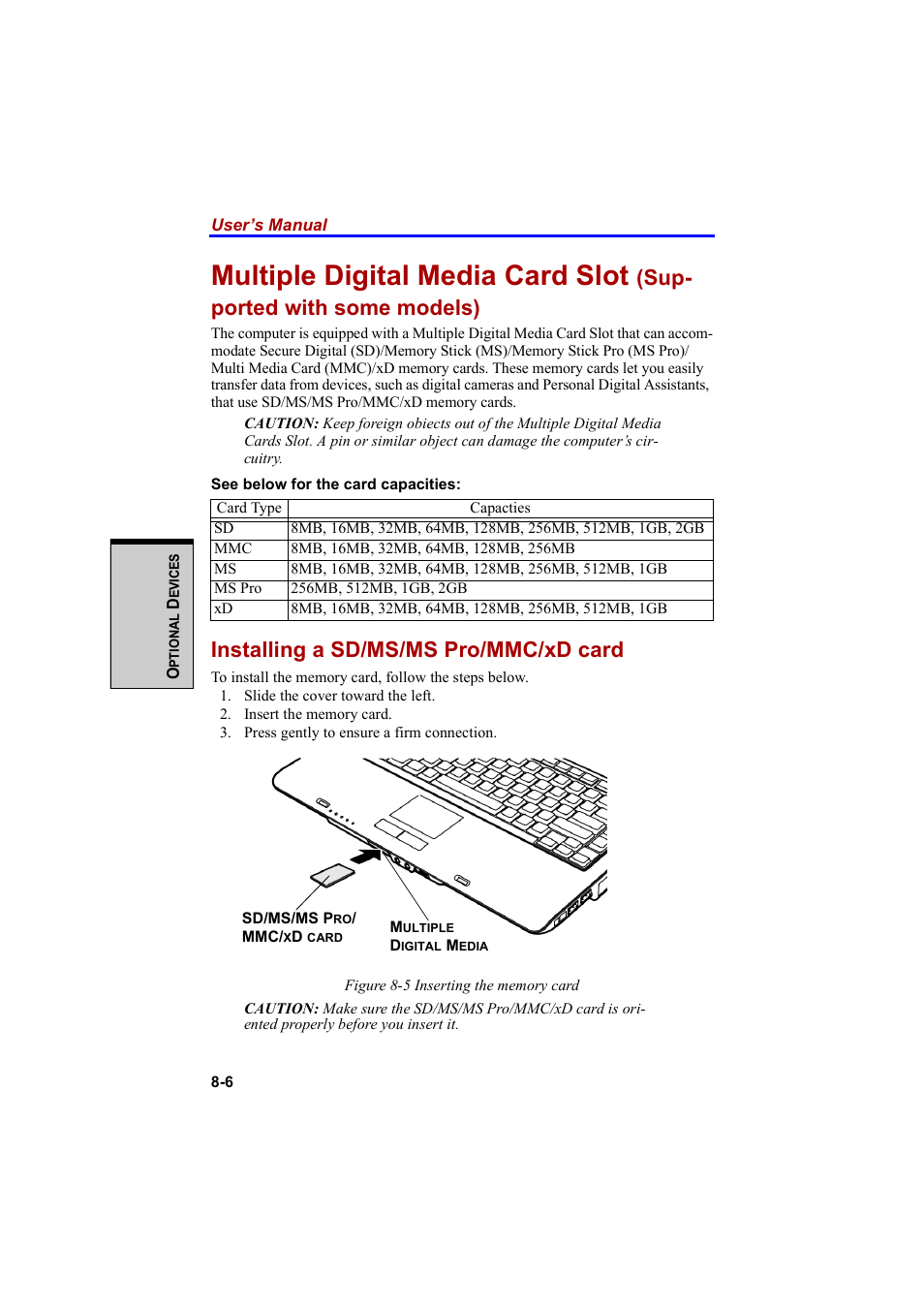 Multiple digital media card slot, Sup- ported with some models), Installing a sd/ms/ms pro/mmc/xd card | Cool-Lux A100 User Manual | Page 154 / 248
