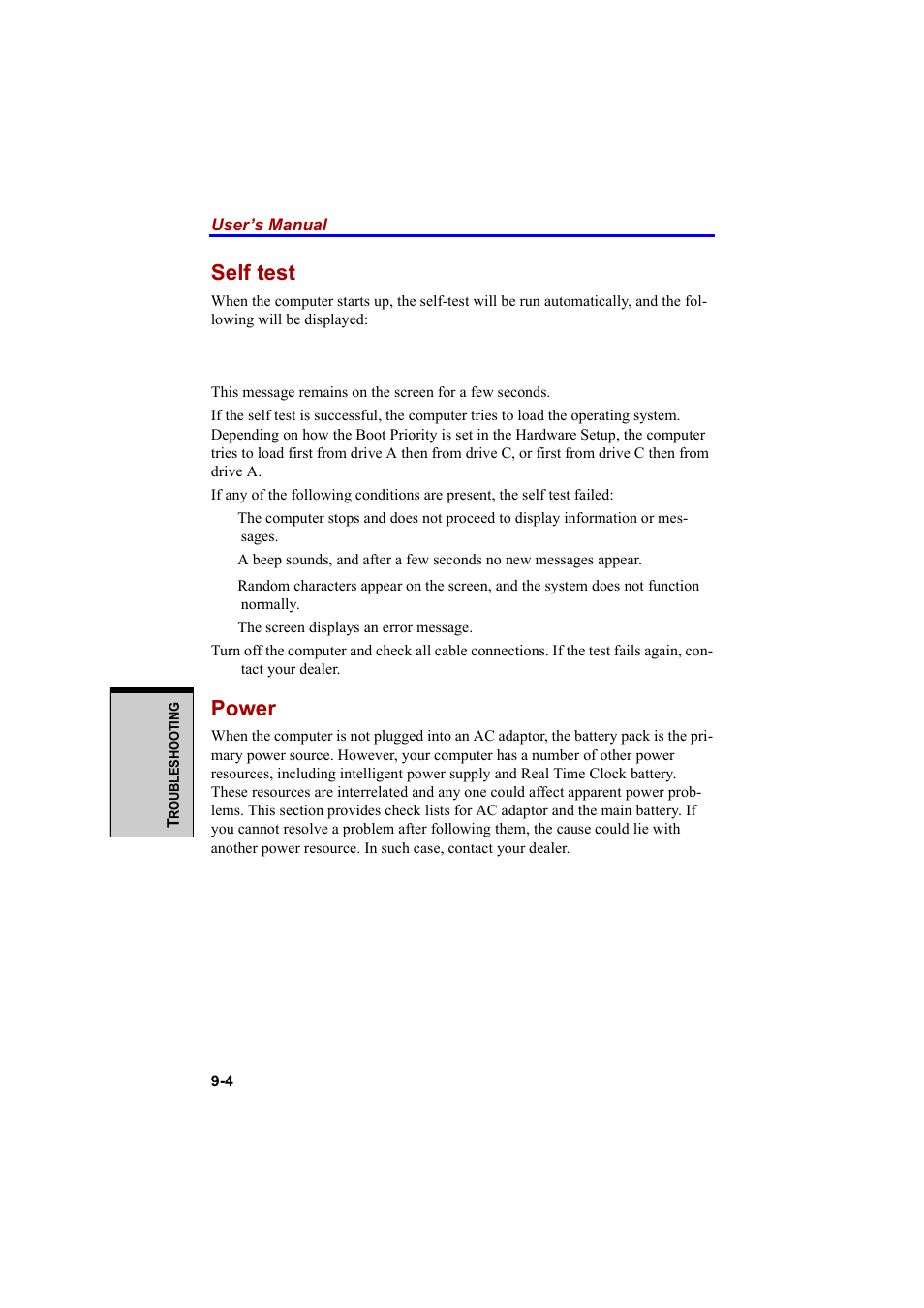 Self test, Power | Cool-Lux A100 User Manual | Page 168 / 248