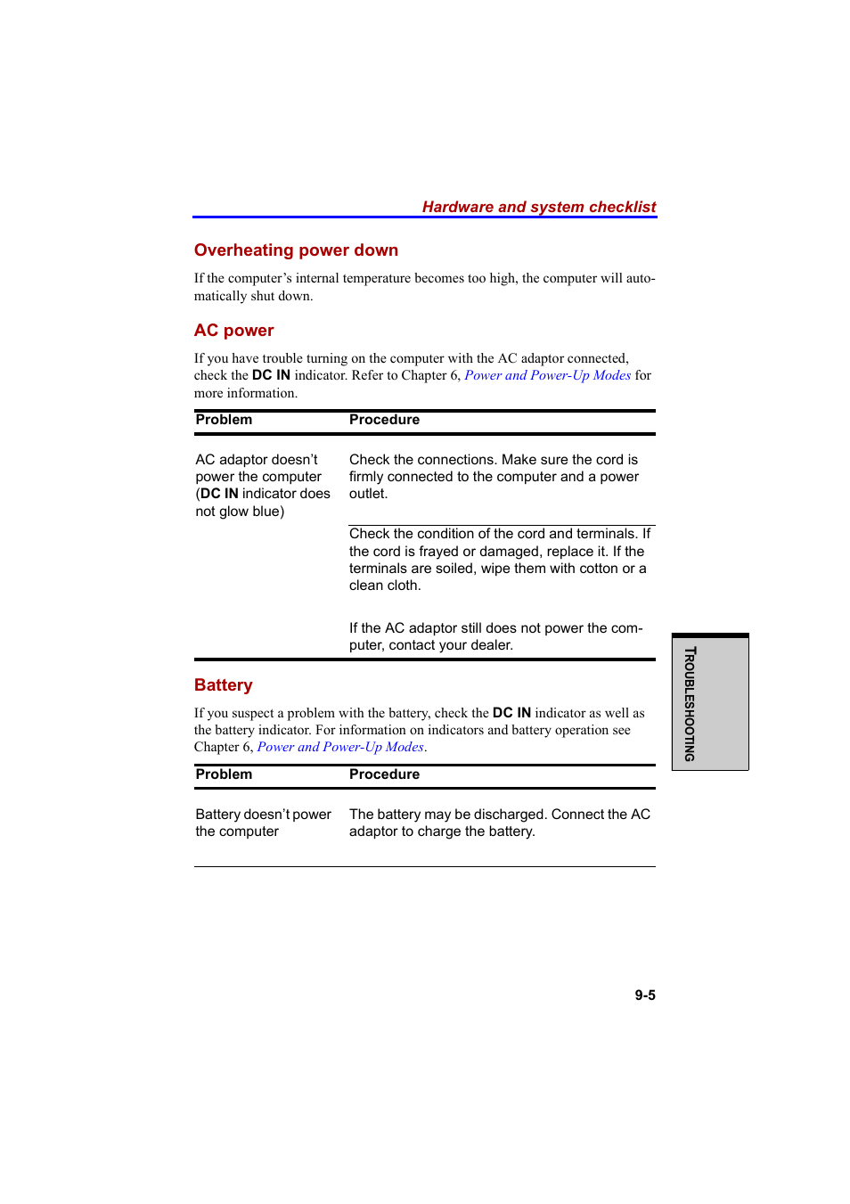 Overheating power down, Ac power, Battery | Cool-Lux A100 User Manual | Page 169 / 248