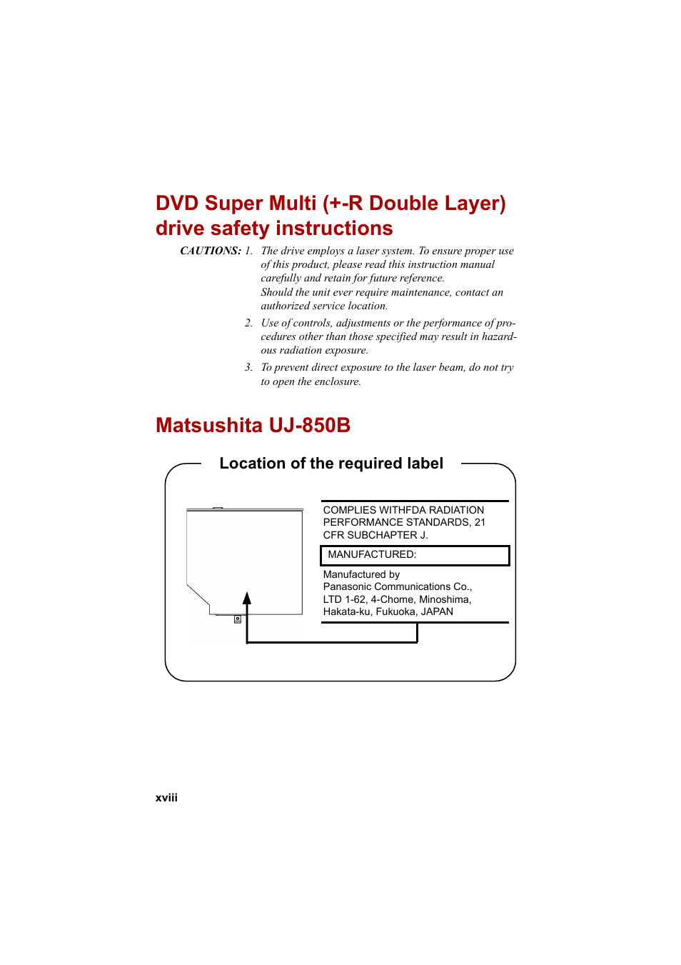 Matsushita uj-850b, Location of the required label | Cool-Lux A100 User Manual | Page 18 / 248