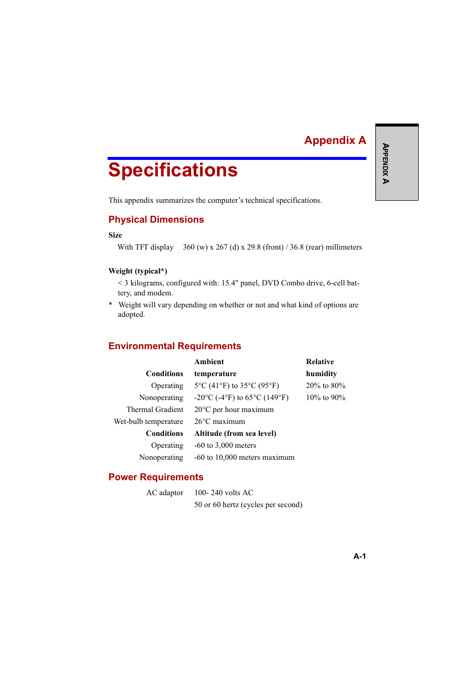 Specifications, Appendix a | Cool-Lux A100 User Manual | Page 193 / 248
