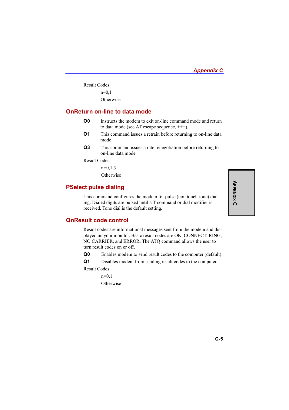 Onreturn on-line to data mode, Pselect pulse dialing, Qnresult code control | Cool-Lux A100 User Manual | Page 201 / 248