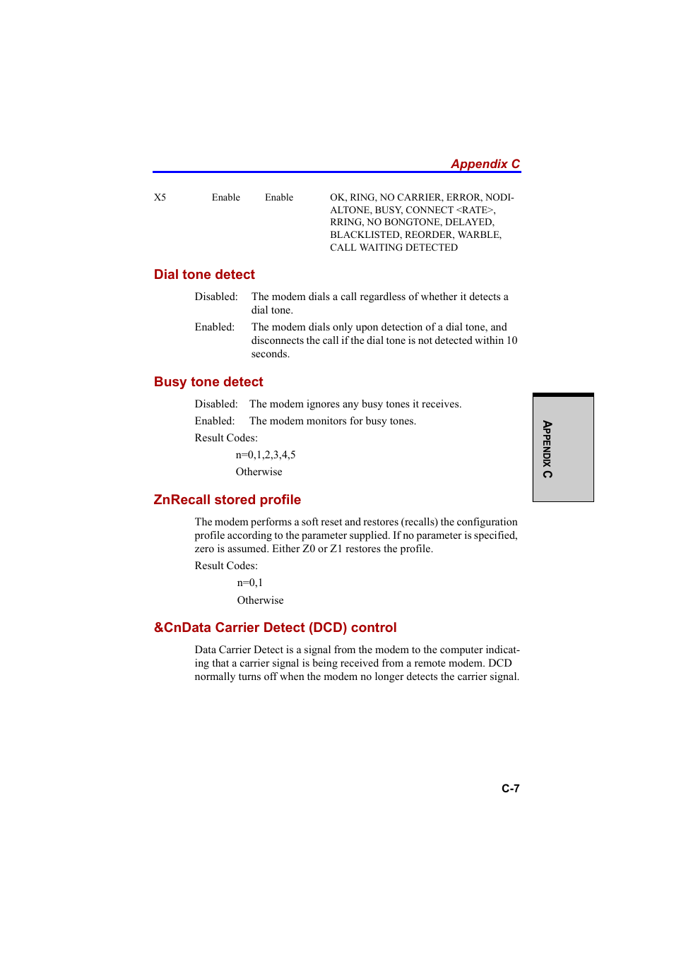Dial tone detect, Busy tone detect, Znrecall stored profile | Cndata carrier detect (dcd) control | Cool-Lux A100 User Manual | Page 203 / 248