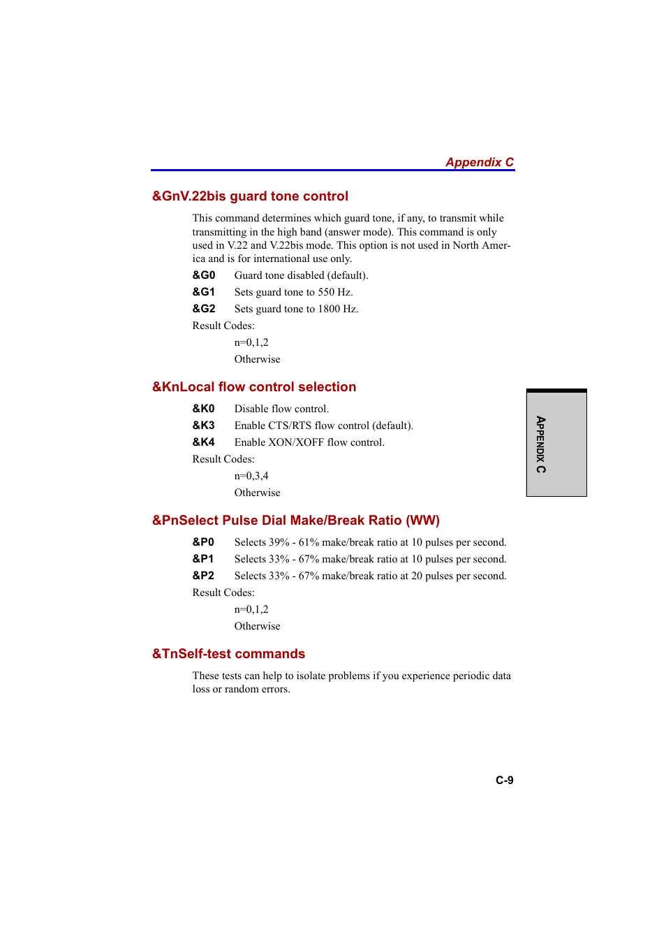 Gnv.22bis guard tone control, Knlocal flow control selection, Pnselect pulse dial make/break ratio (ww) | Tnself-test commands | Cool-Lux A100 User Manual | Page 205 / 248