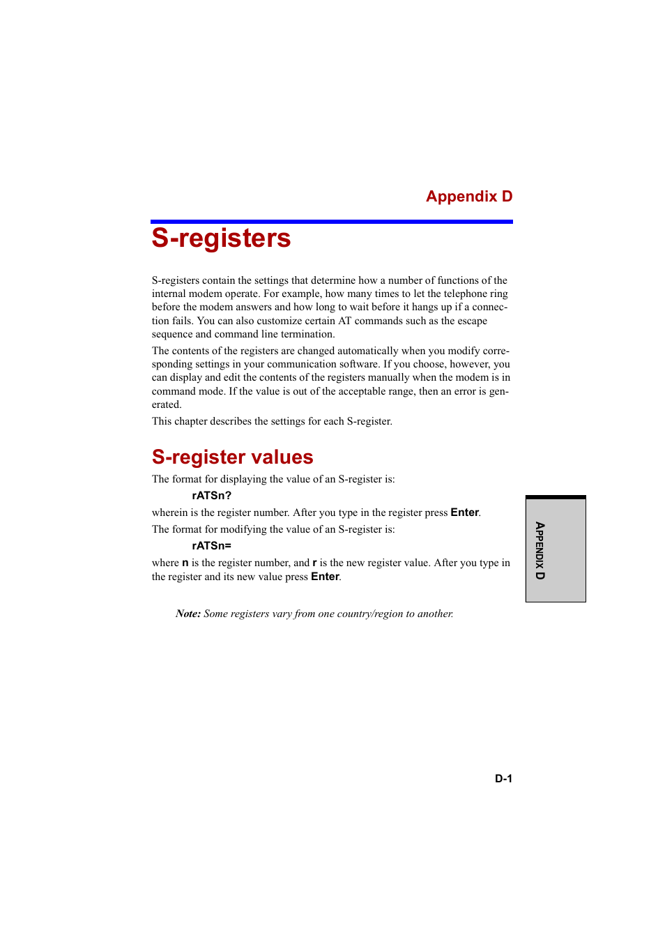 S-registers, S-register values, Appendix d | Cool-Lux A100 User Manual | Page 209 / 248