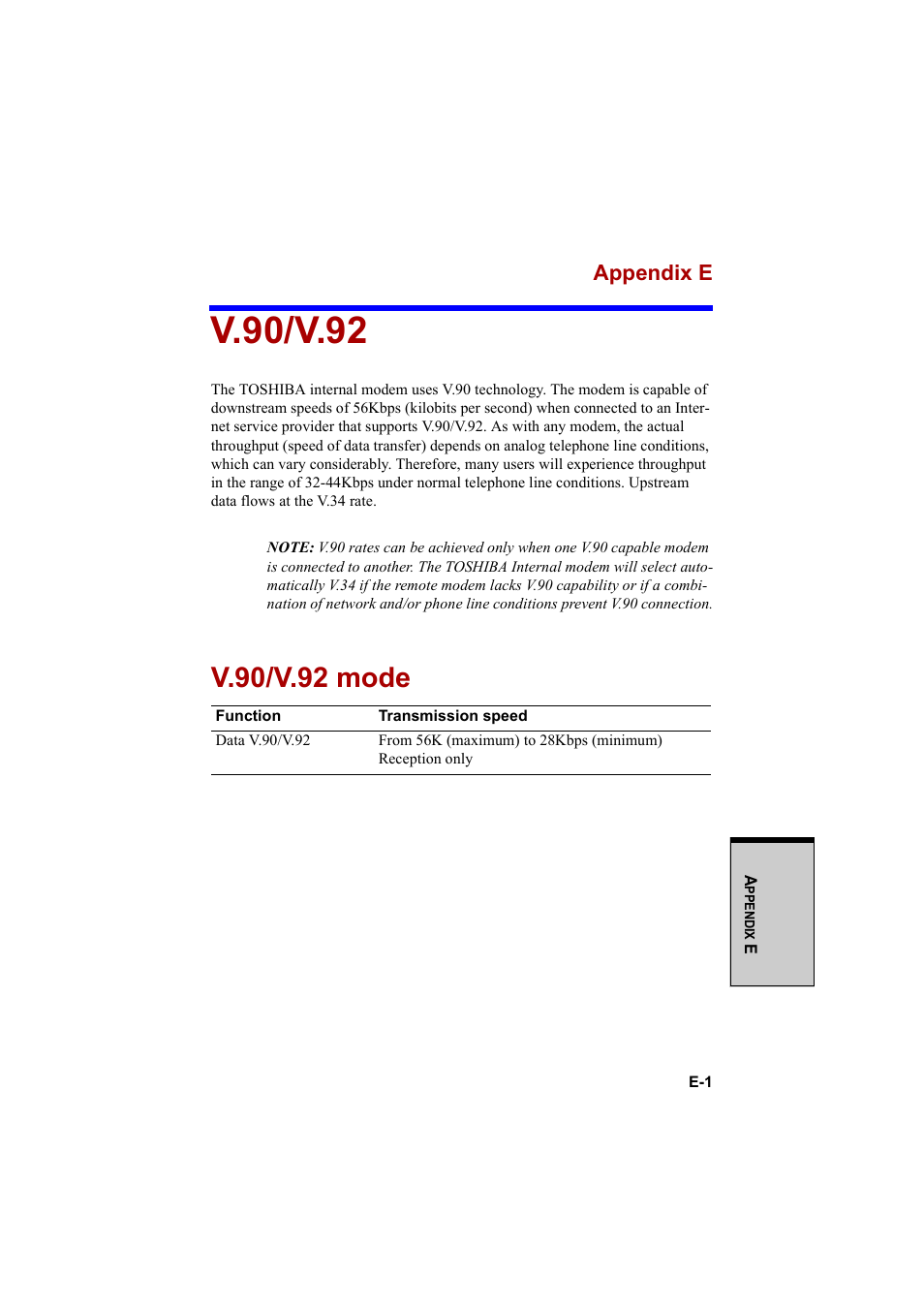 V.90/v.92, V.90/v.92 mode, Appendix e | Cool-Lux A100 User Manual | Page 217 / 248