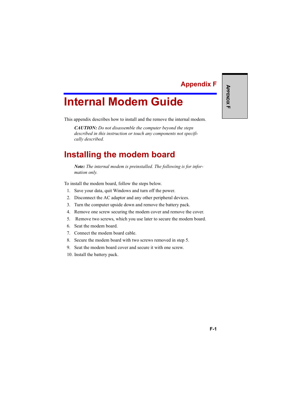 Internal modem guide, Installing the modem board, Appendix f | Cool-Lux A100 User Manual | Page 221 / 248
