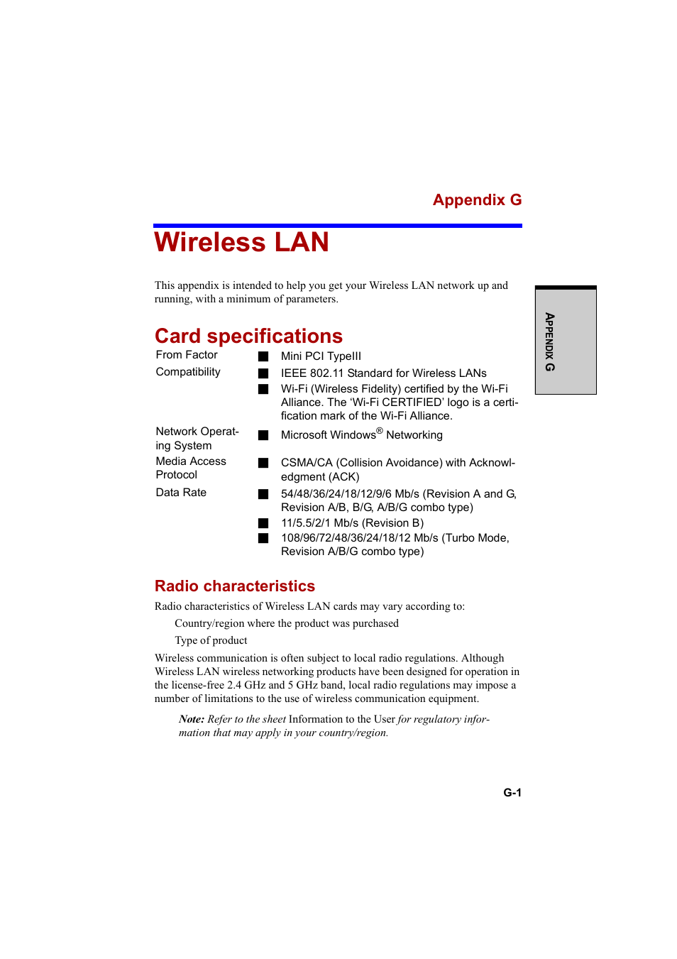 Wireless lan, Card specifications, Appendix g | Radio characteristics | Cool-Lux A100 User Manual | Page 223 / 248