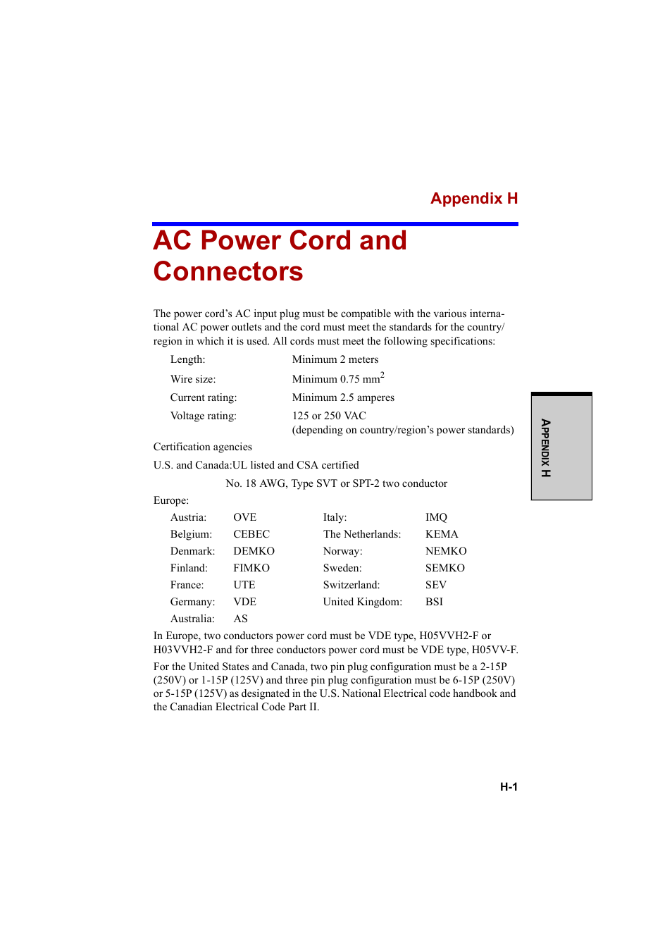 Ac power cord and connectors, Appendix h | Cool-Lux A100 User Manual | Page 227 / 248