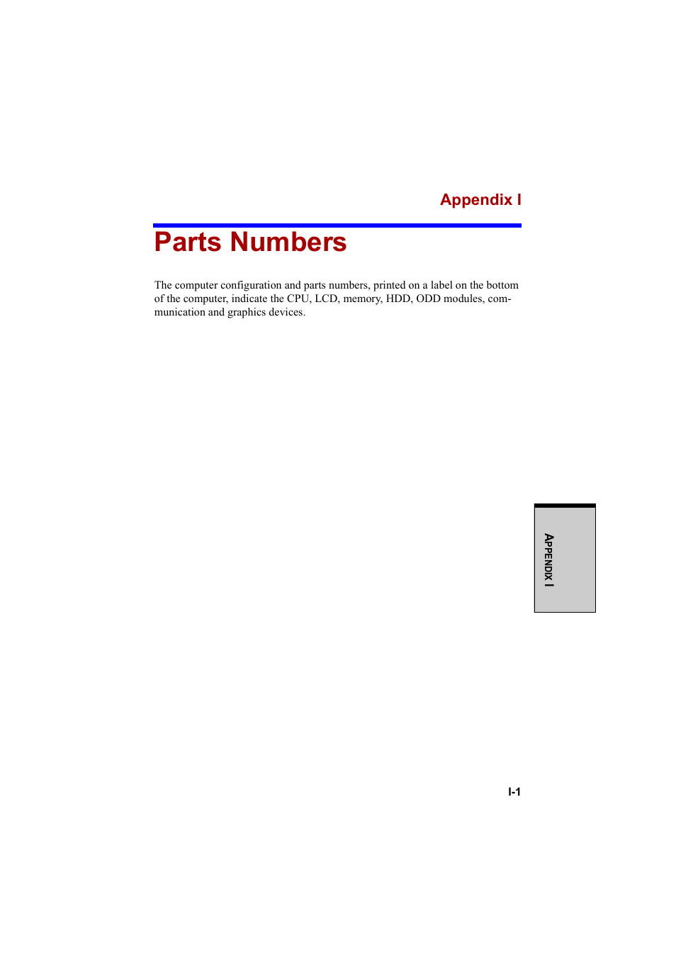 Parts numbers, Appendix i | Cool-Lux A100 User Manual | Page 229 / 248