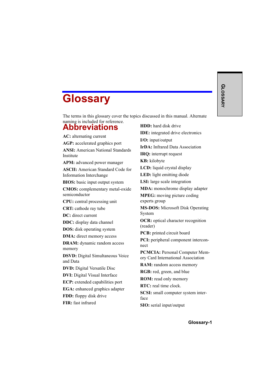 Glossary, Abbreviations | Cool-Lux A100 User Manual | Page 231 / 248