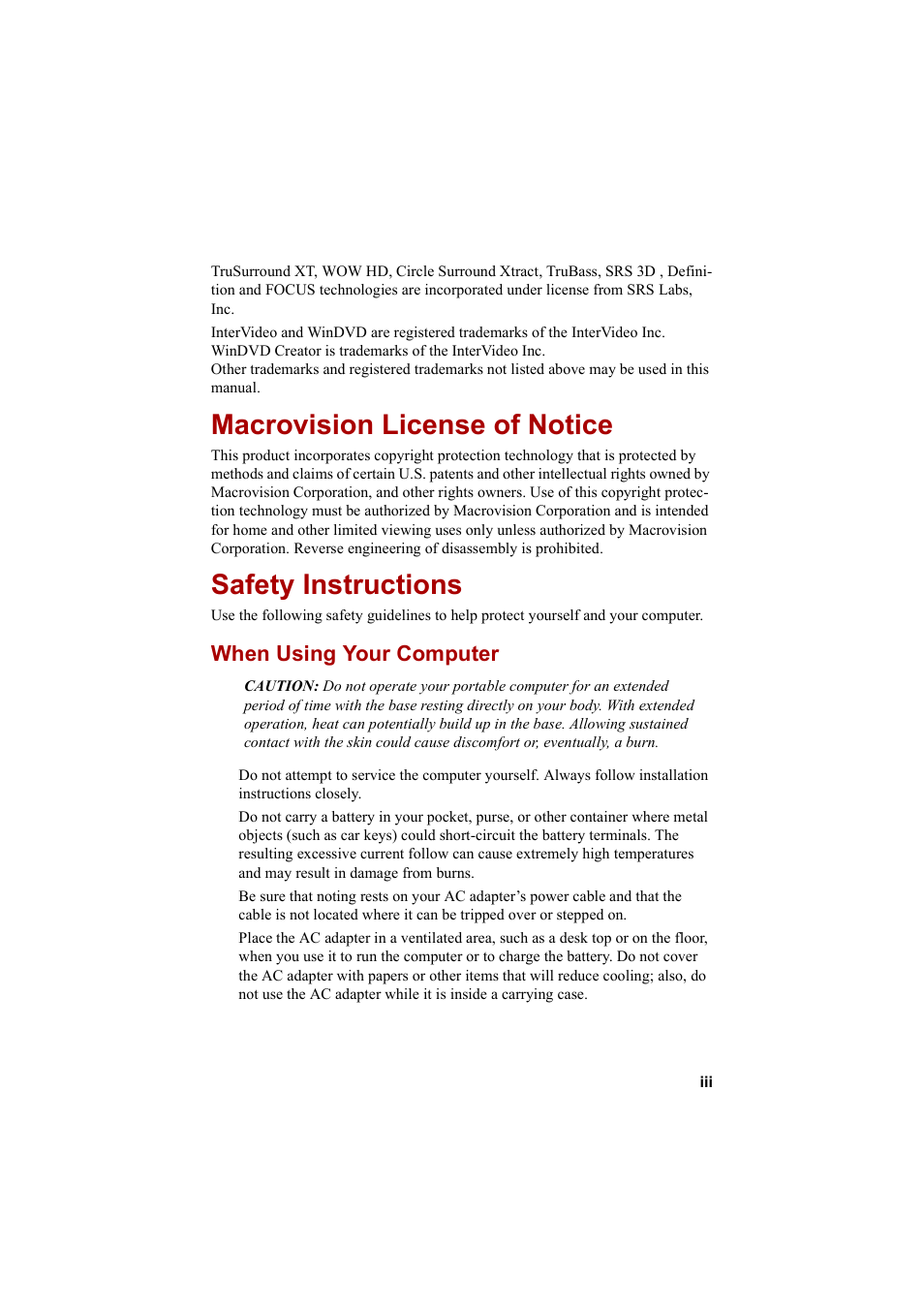 Macrovision license of notice, Safety instructions, When using your computer | Cool-Lux A100 User Manual | Page 3 / 248