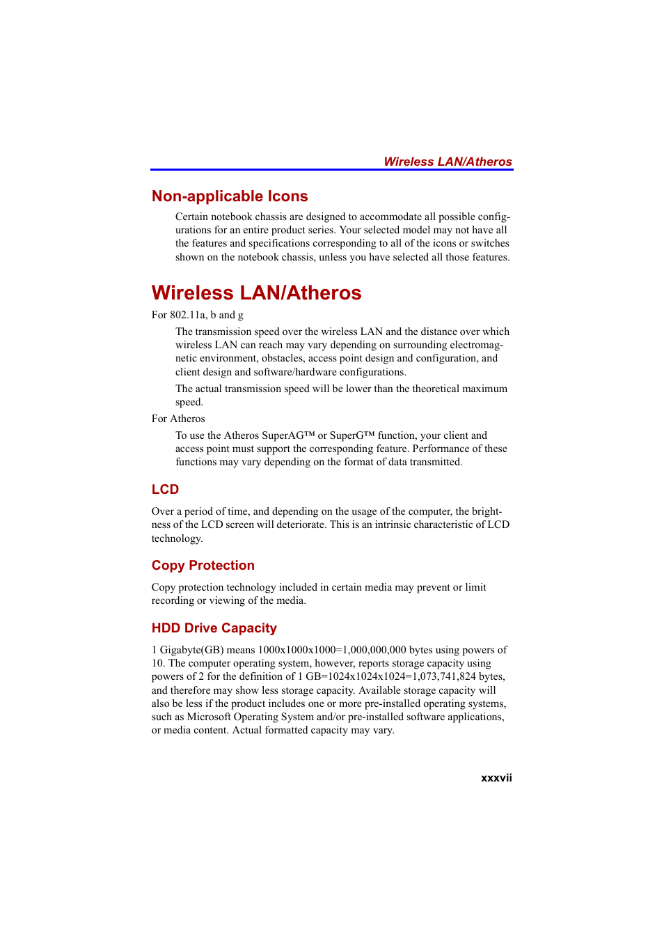 Wireless lan/atheros, Non-applicable icons | Cool-Lux A100 User Manual | Page 37 / 248