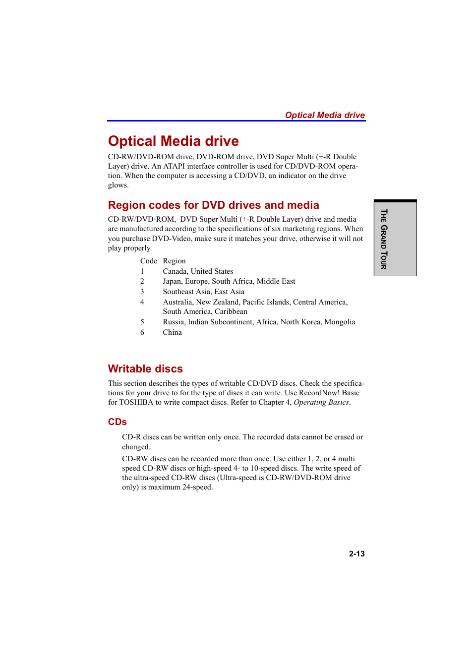 Optical media drive, Region codes for dvd drives and media, Writable discs | Cool-Lux A100 User Manual | Page 65 / 248