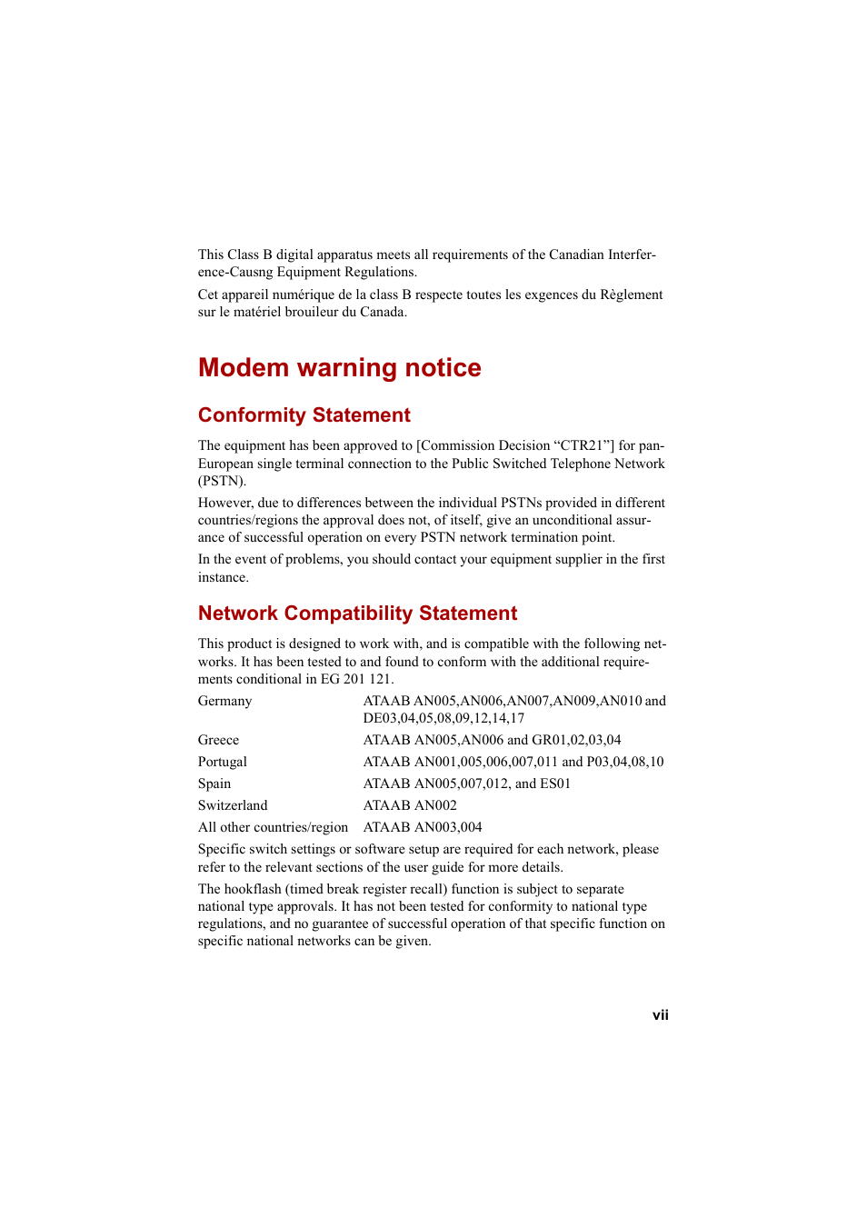 Modem warning notice, Conformity statement, Network compatibility statement | Cool-Lux A100 User Manual | Page 7 / 248