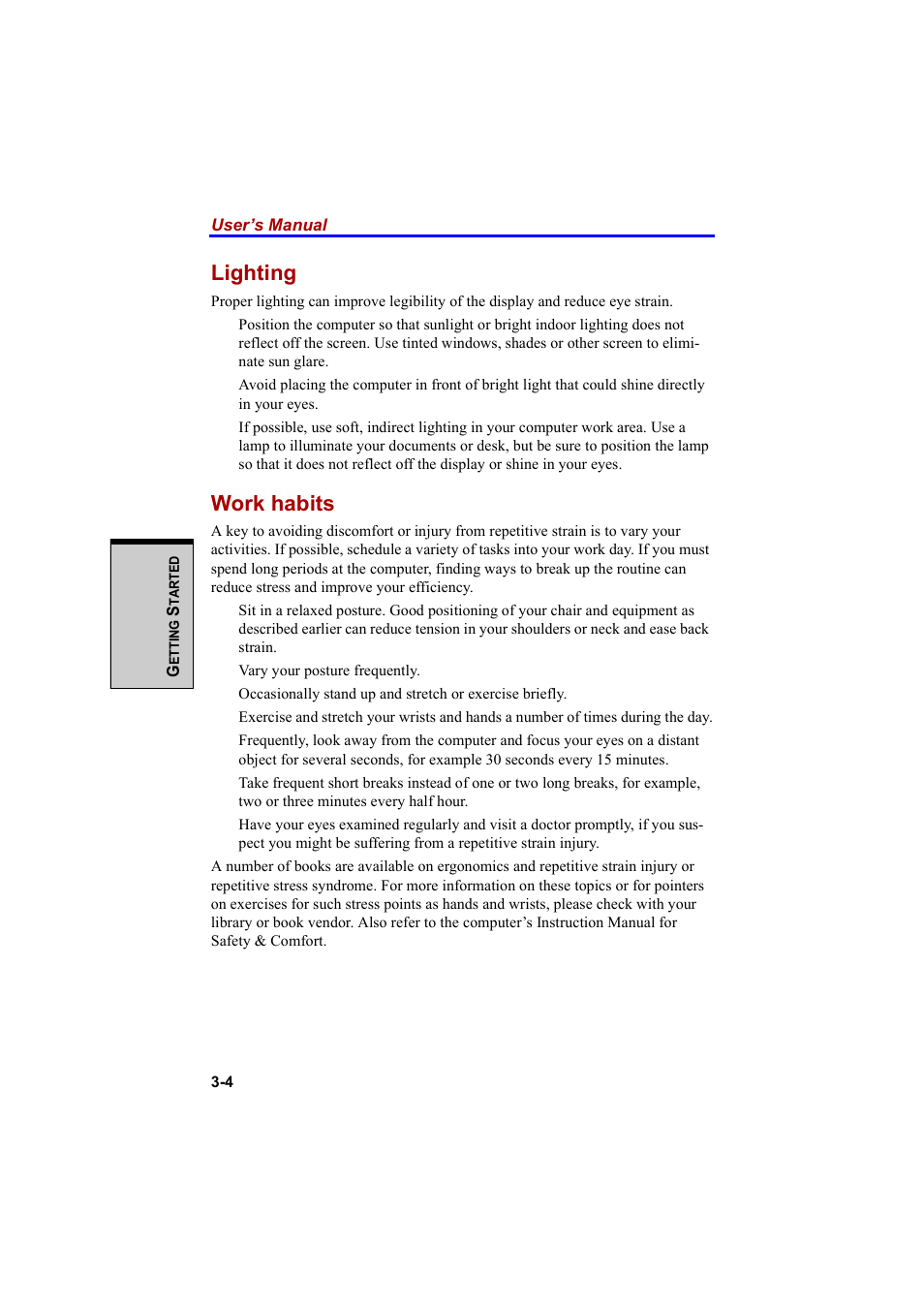Lighting, Work habits | Cool-Lux A100 User Manual | Page 72 / 248