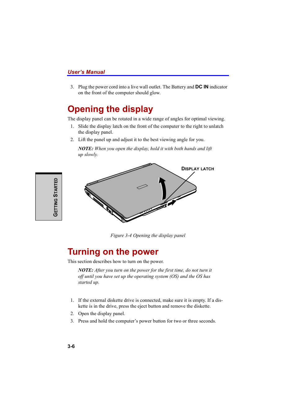 Opening the display, Turning on the power | Cool-Lux A100 User Manual | Page 74 / 248
