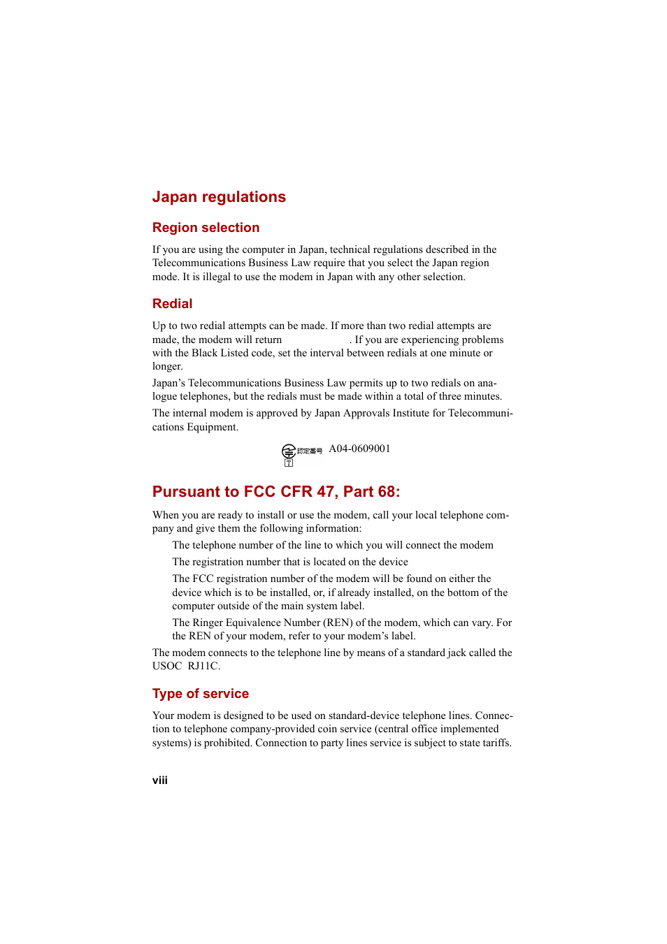 Japan regulations, Pursuant to fcc cfr 47, part 68 | Cool-Lux A100 User Manual | Page 8 / 248