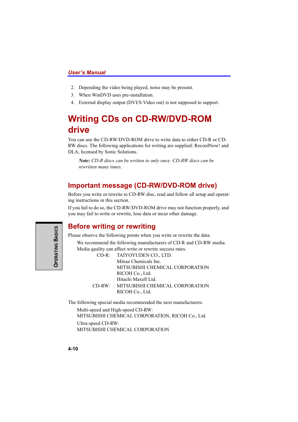 Writing cds on cd-rw/dvd-rom drive, Important message (cd-rw/dvd-rom drive), Before writing or rewriting | Cool-Lux A100 User Manual | Page 92 / 248