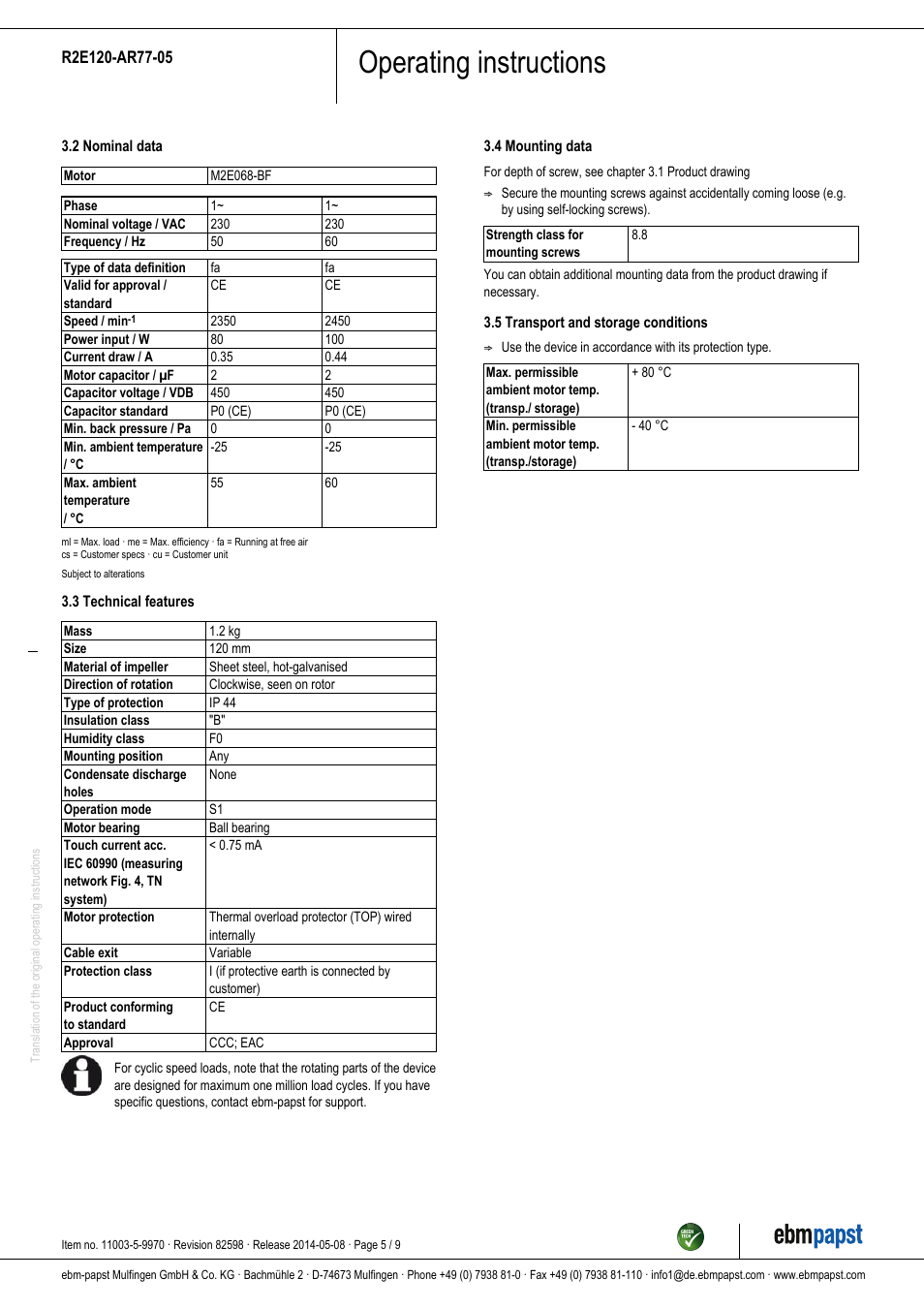 Operating instructions | ebm-papst R2E120-AR77-05 User Manual | Page 5 / 9
