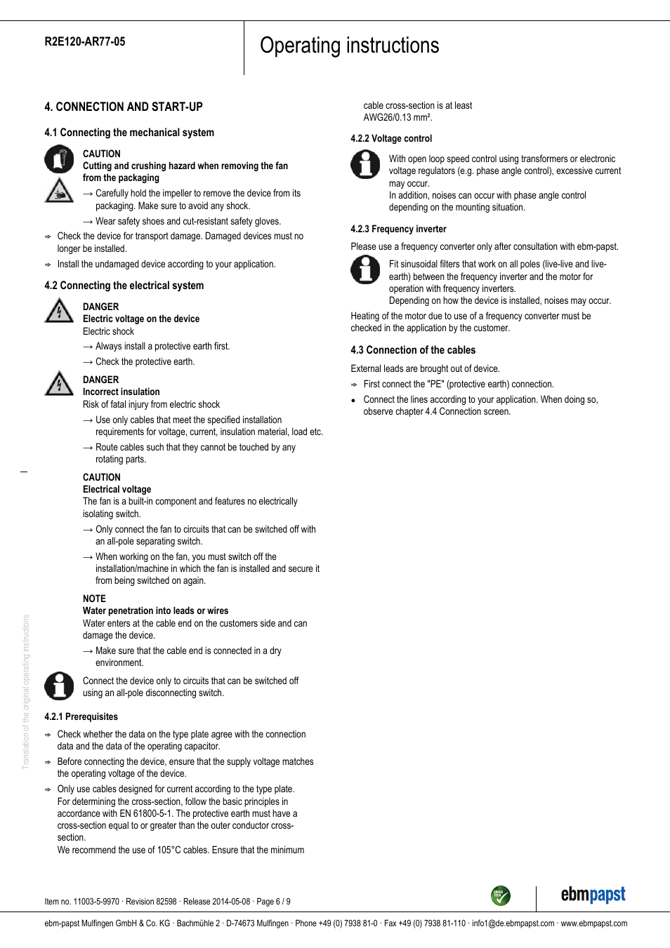 Operating instructions | ebm-papst R2E120-AR77-05 User Manual | Page 6 / 9