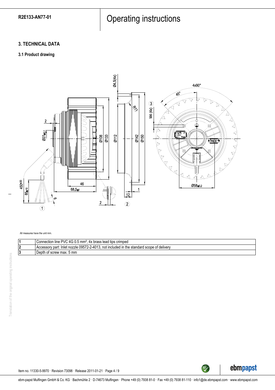 Operating instructions | ebm-papst R2E133-AN77-01 User Manual | Page 4 / 9