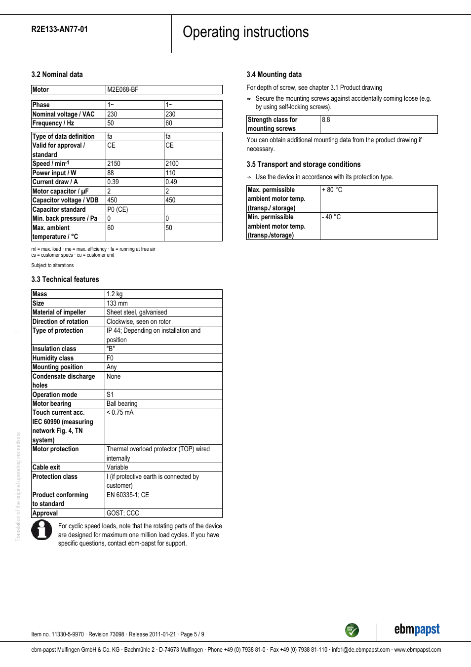 Operating instructions | ebm-papst R2E133-AN77-01 User Manual | Page 5 / 9