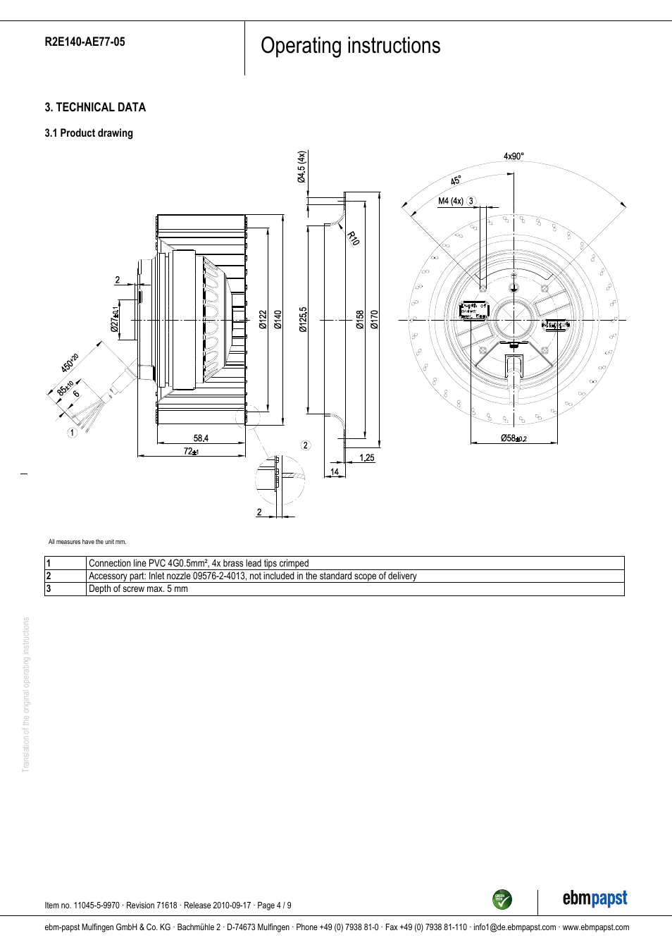 Operating instructions | ebm-papst R2E140-AE77-05 User Manual | Page 4 / 9