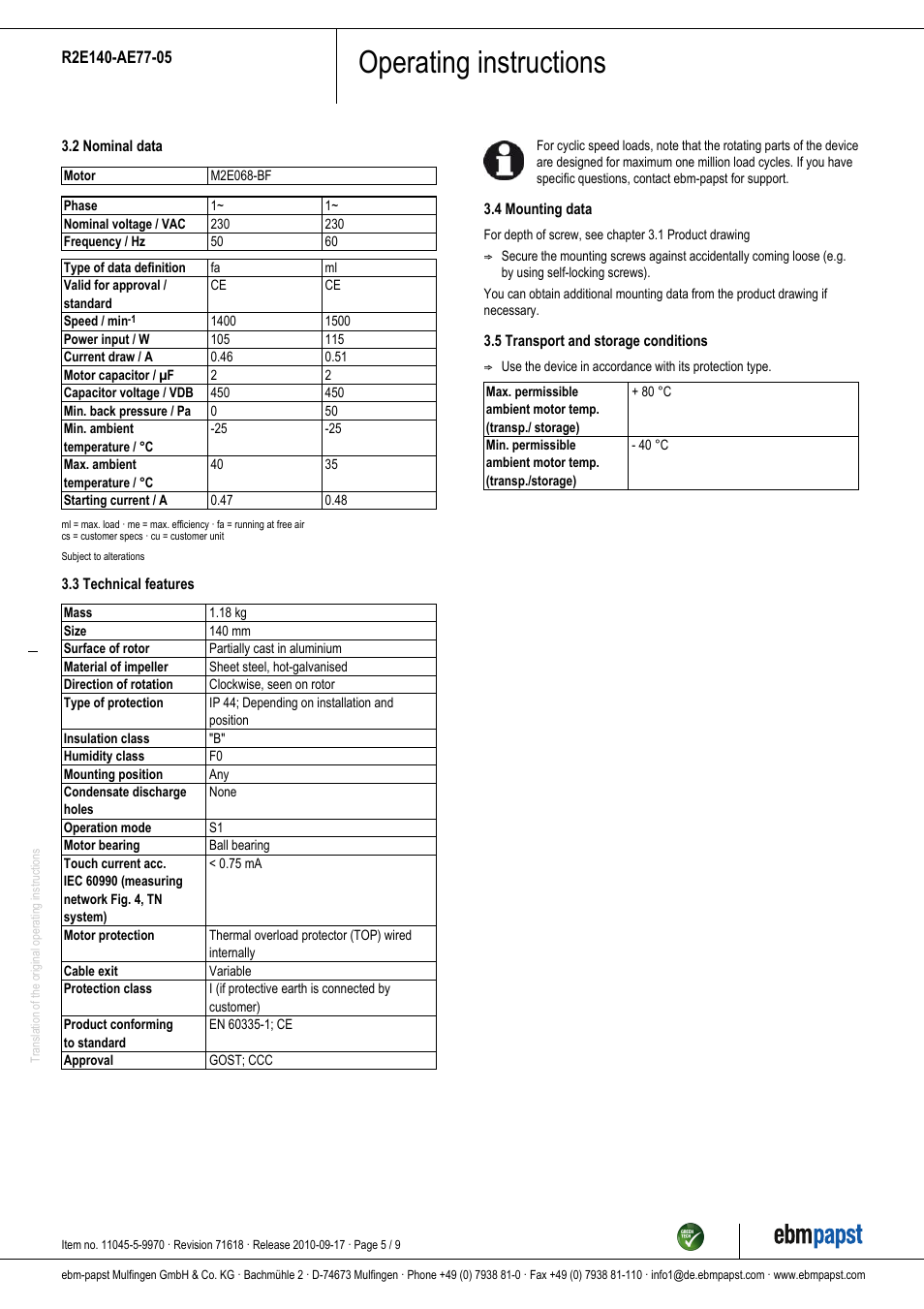 Operating instructions | ebm-papst R2E140-AE77-05 User Manual | Page 5 / 9