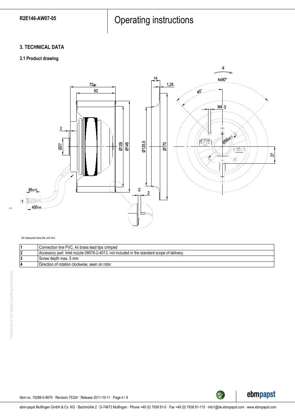 Operating instructions | ebm-papst R2E146-AW07-05 User Manual | Page 4 / 9