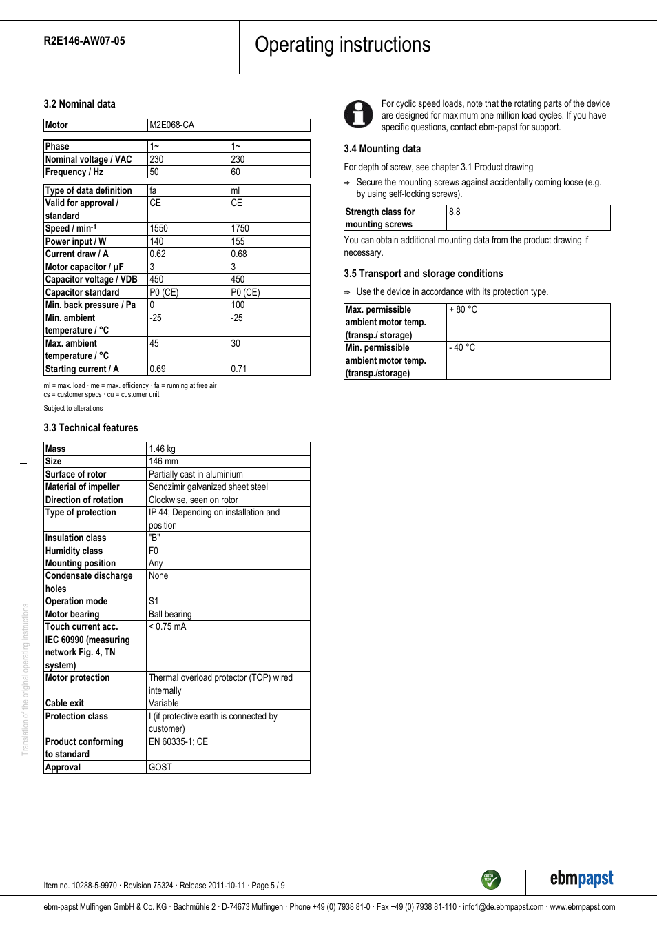 Operating instructions | ebm-papst R2E146-AW07-05 User Manual | Page 5 / 9
