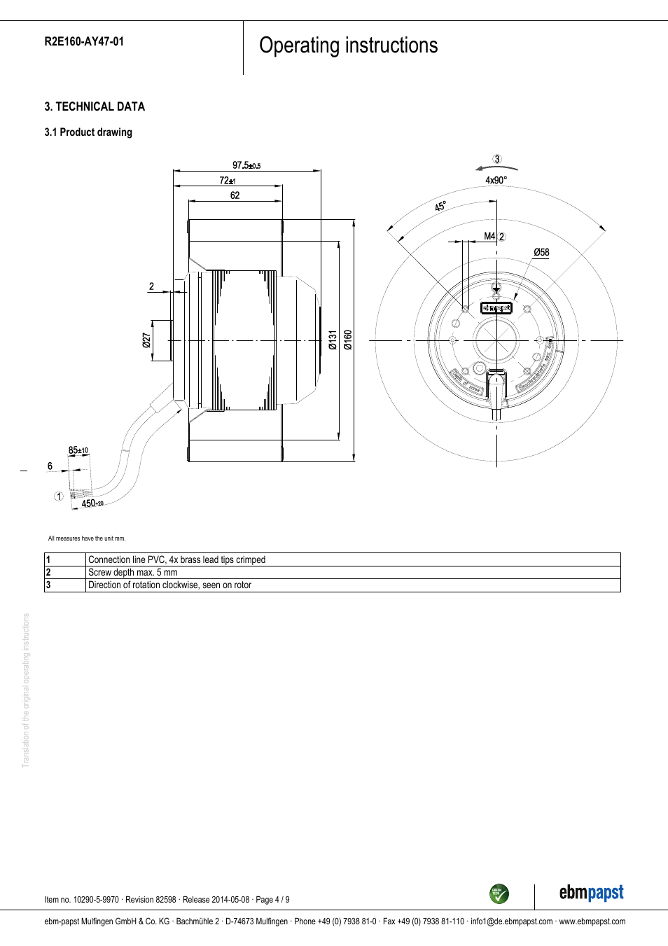 Operating instructions | ebm-papst R2E160-AY47-01 User Manual | Page 4 / 9