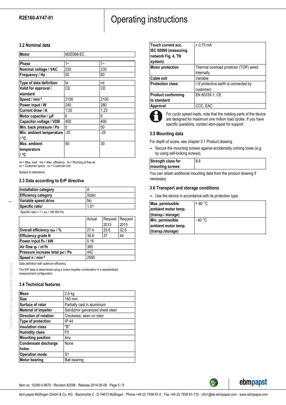 Operating instructions | ebm-papst R2E160-AY47-01 User Manual | Page 5 / 9