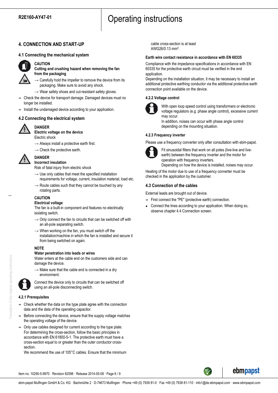Operating instructions | ebm-papst R2E160-AY47-01 User Manual | Page 6 / 9
